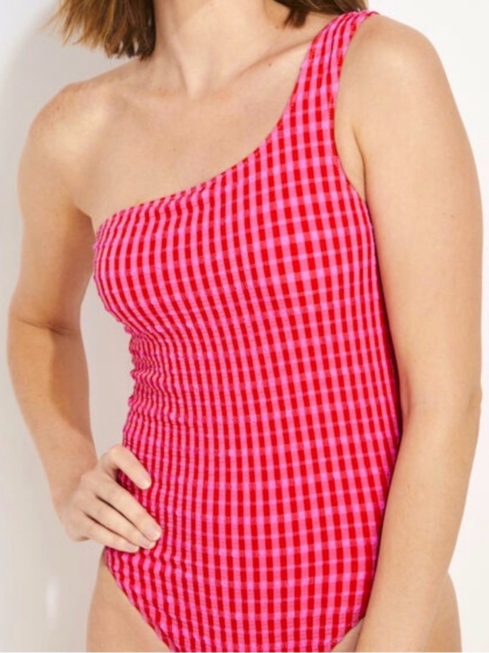 Vineyard Vines pink/red searsucker gingham one shoulder one piece swimsuit XXS
